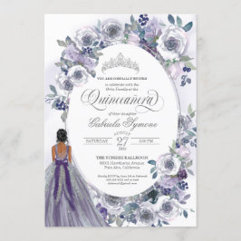Invitación Floral Quinceanera de color blanco de plata violet