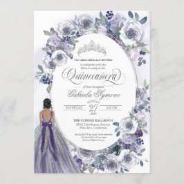 Invitación Floral Quinceanera de color blanco de plata violet