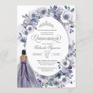Invitación Floral Quinceanera de color blanco de plata violet