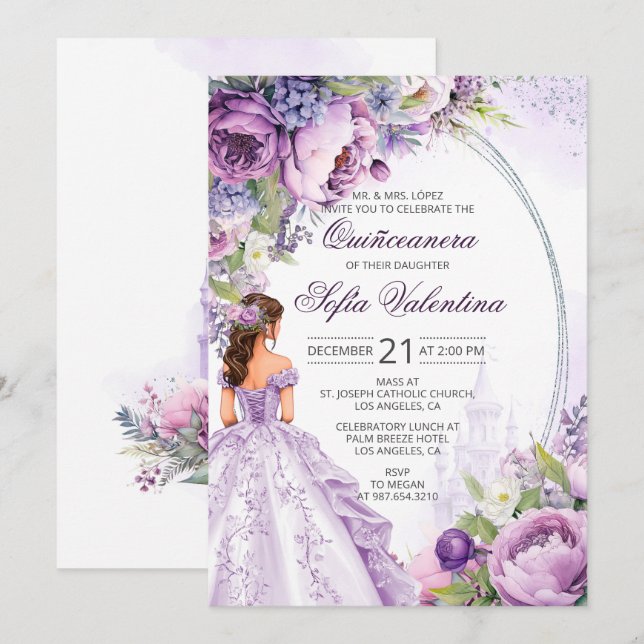 Invitación floral Quinceanera de plata púrpura (Anverso / Reverso)