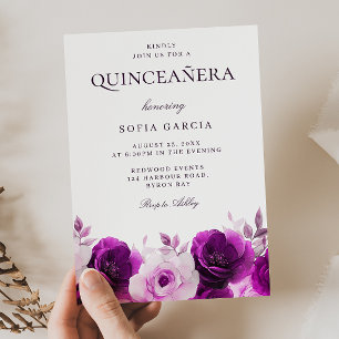 Invitación Floral Quinceanera de Rosas violetas púrpura
