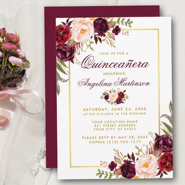 Invitación Floral quinceanera dorada (Customize to change text color, style, add text & photos to back or change color of back of card.)