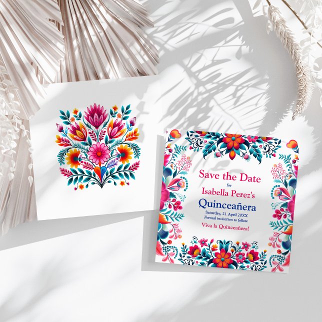 Invitación Floral Quinceanera Fiesta Mexicana Salven la Fecha (Floral Quinceanera Mexican Fiesta Save the Date Invitation on a sunny white table.)