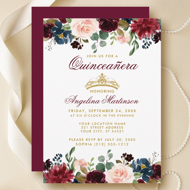 Invitación floral Quinceanera Gold Crown Burgundy  (Customize to change text color, style, add text & photos to back or change color of back of card.)