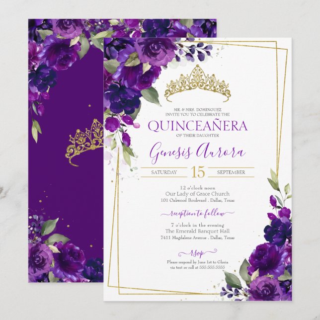 Invitación floral Quinceañera Morado Acuarela (Anverso / Reverso)
