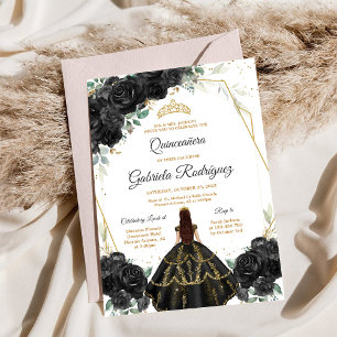 Invitación floral Quinceañera negro oro