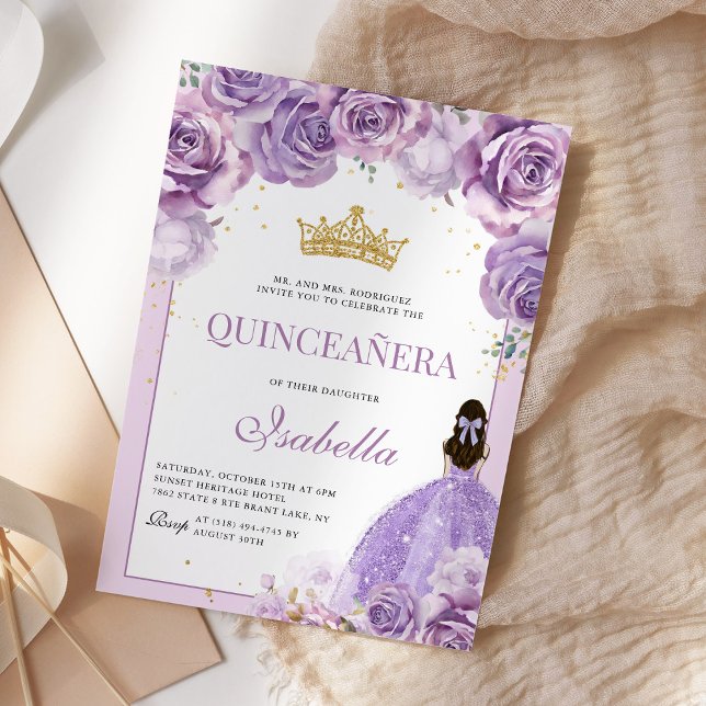 Invitación Floral Quinceanera Purple Lilac Gold Princess (Subido por el creador)