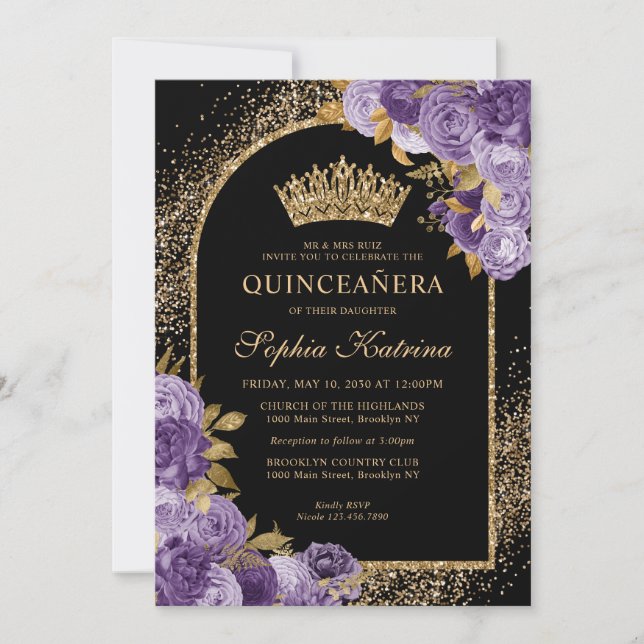 Invitación Floral Quinceanera Purpurina de oro de ciruela mor (Anverso)