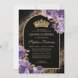 Invitación Floral Quinceanera Purpurina de oro de ciruela mor