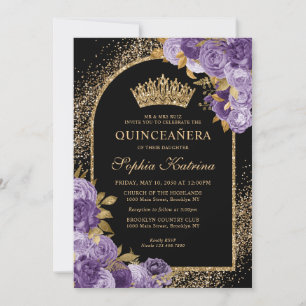 Invitación Floral Quinceanera Purpurina de oro de ciruela mor