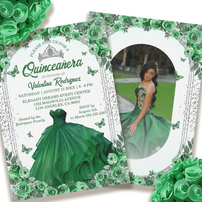 Invitación Floral Quinceanera, Purpurina de Plata Verde Esmer (Emerald Green Silver Glitter Floral Quinceanera Invitation)