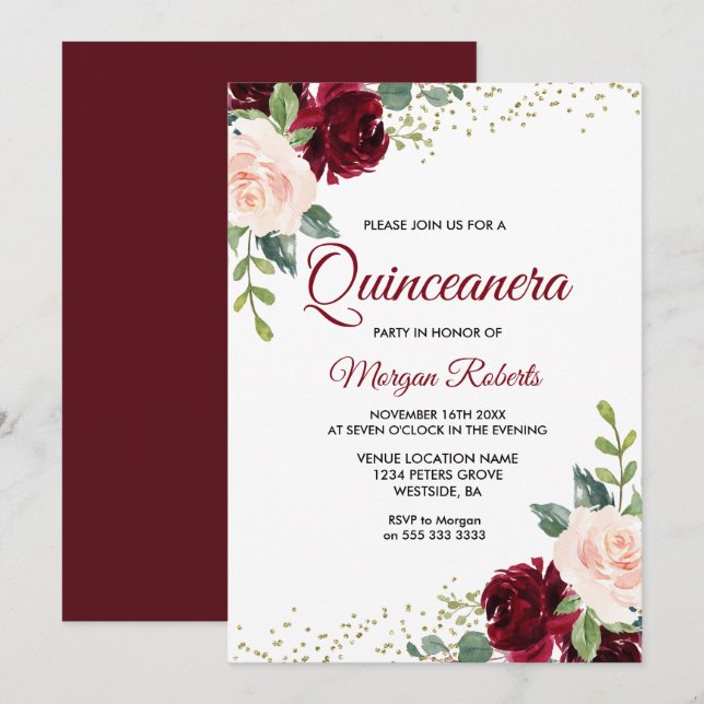 Invitación Floral Quinceanera, Purpurina de Rubor de Borgoña (Anverso / Reverso)