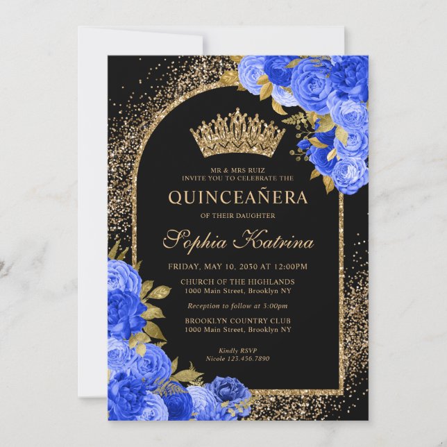 Invitación Floral Quinceanera, Purpurina del oro azul real ne (Anverso)
