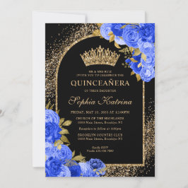 Invitación Floral Quinceanera, Purpurina del oro azul real ne