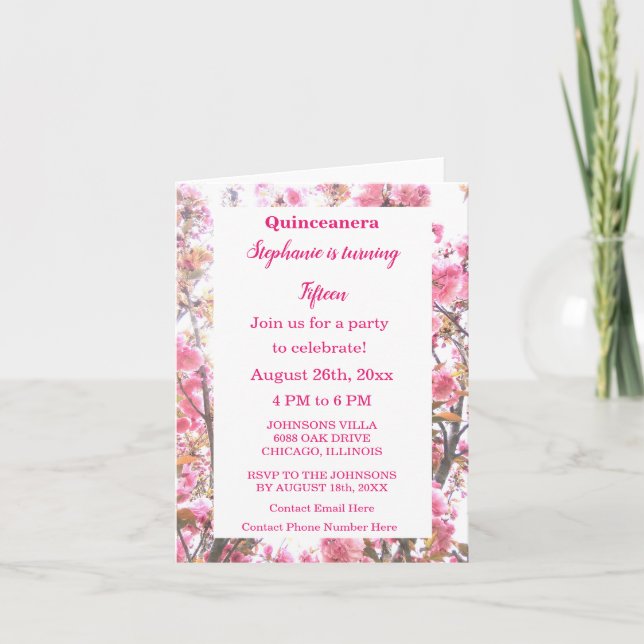 Invitación Floral Quinceanera Quince cumpleaños cereza rosa (Anverso)