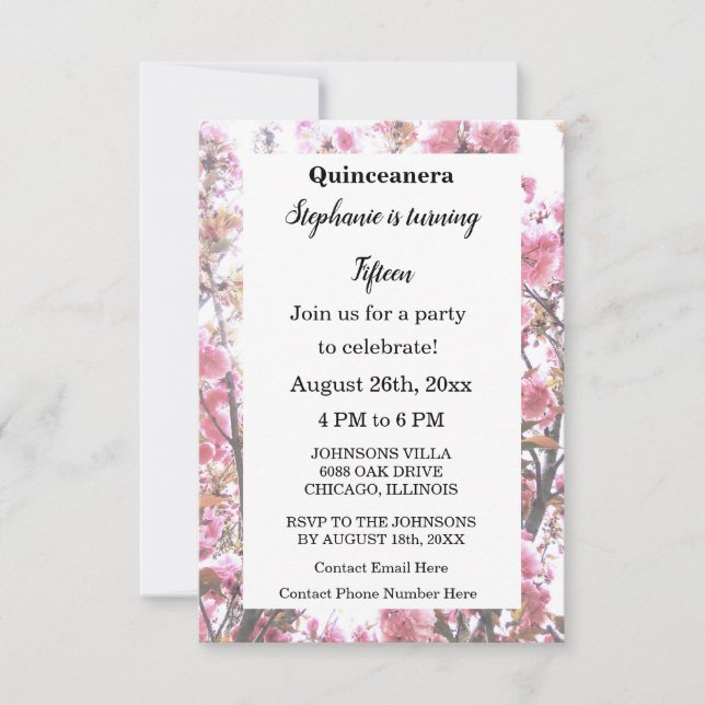 Invitación Floral Quinceanera Quince cumpleaños Cherry Pink (Anverso)
