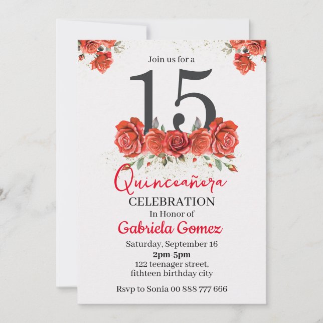 Invitación Floral Quinceanera Red Burgundy 15 cumpleaños (Anverso)
