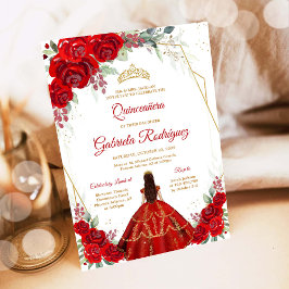 Invitación floral Quinceañera rojo oro