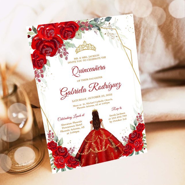 Invitación floral Quinceañera rojo oro (Subido por el creador)