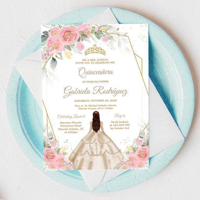 Invitación floral Quinceañera rosa dorado (Subido por el creador)
