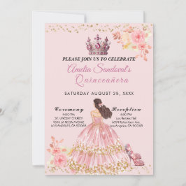 Invitación floral Quinceanera rosa y dorada