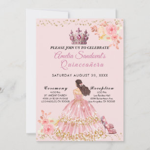 Invitación floral Quinceanera rosa y dorada