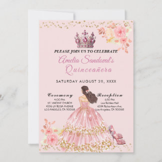 Invitación floral Quinceanera rosa y dorada