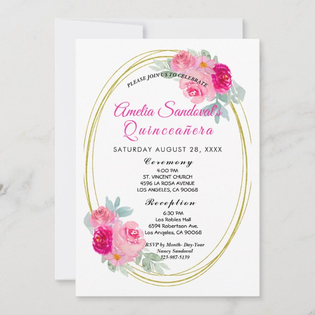 Invitación Floral Quinceanera rosa y dorada (Anverso)