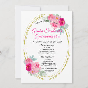 Invitación Floral Quinceanera rosa y dorada
