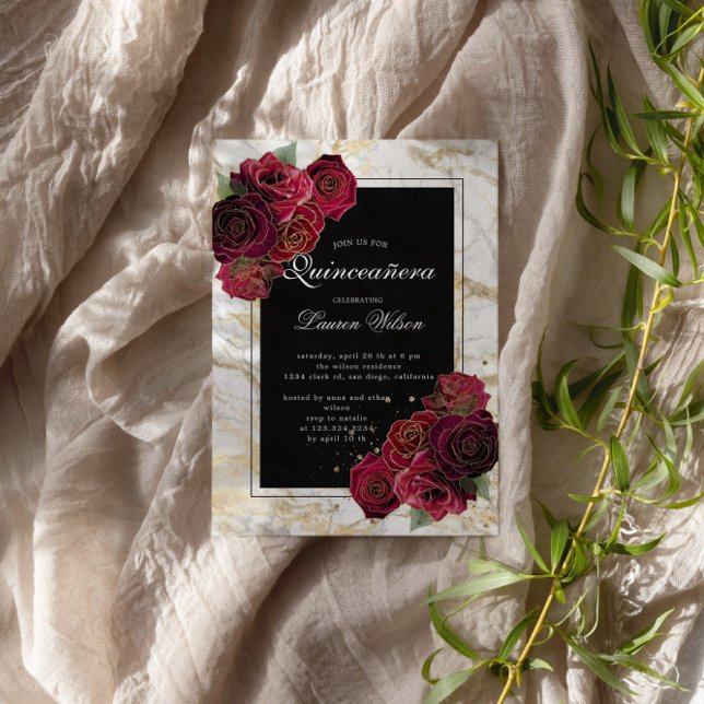 Invitación Floral Quinceanera Rosas de mármol de oro (Subido por el creador)