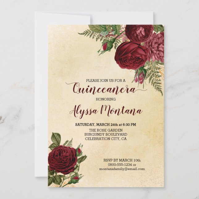 Invitación Floral Quinceanera Roses rojos borgoñosos en cosec (Anverso)