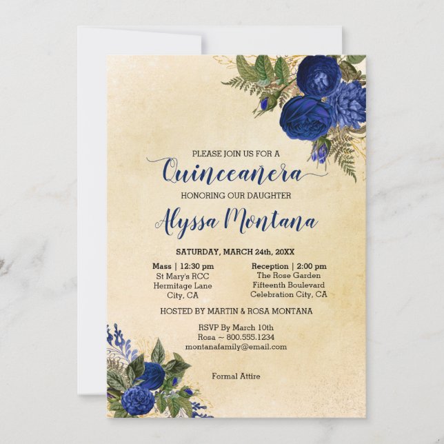 Invitación Floral Quinceanera Royal Blue Mass & Reception (Anverso)