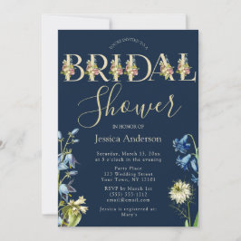 Invitación Floral Real Azul vintage y ducha de novia dorada