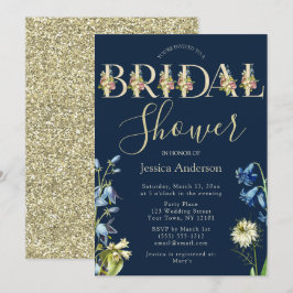 Invitación Floral Real Azul vintage y ducha de novia dorada