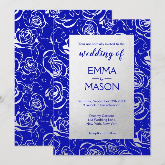Invitación Floral real moderna azul y plateado (Anverso / Reverso)