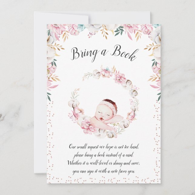 Invitación Floral recién nacida trae un libro (Anverso)