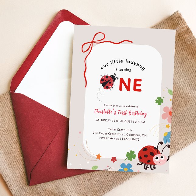 Invitación Floral Red Bow Little Ladybug Girl 1st Birthday (Subido por el creador)