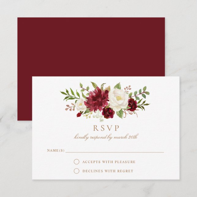 Invitación Floral Red Burgundy White Elegant Wedding RSVP (Anverso / Reverso)