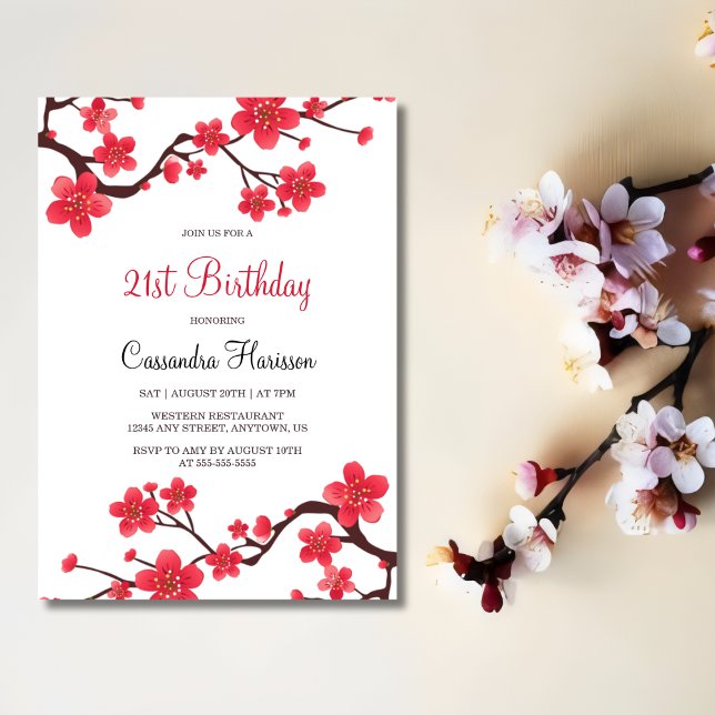Invitación Floral Red Cherry Blossom Sakura 21º cumpleaños (Subido por el creador)