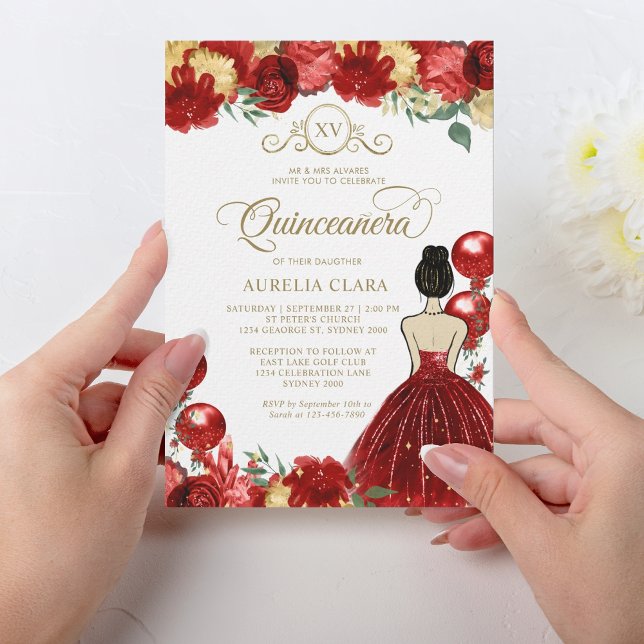 Invitación Floral Red Gold Princess XV Quinceañera Cumpleaños (Subido por el creador)