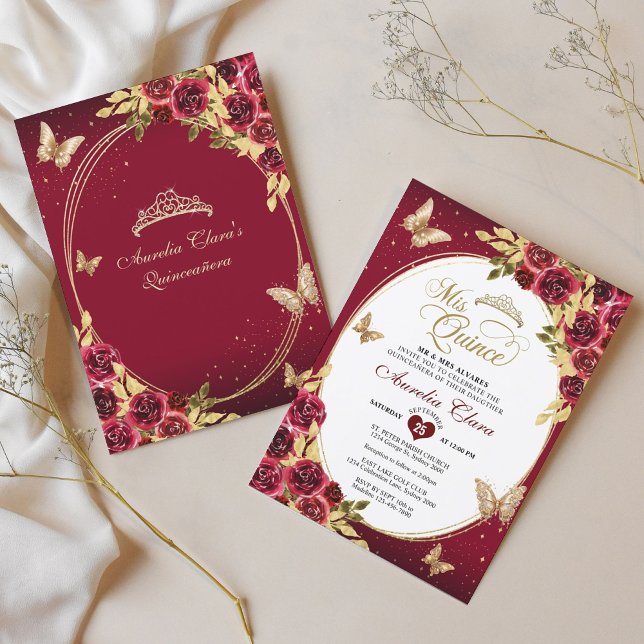Invitación Floral Red Gold Tiara Butterfly Mis Quinceañera (Subido por el creador)