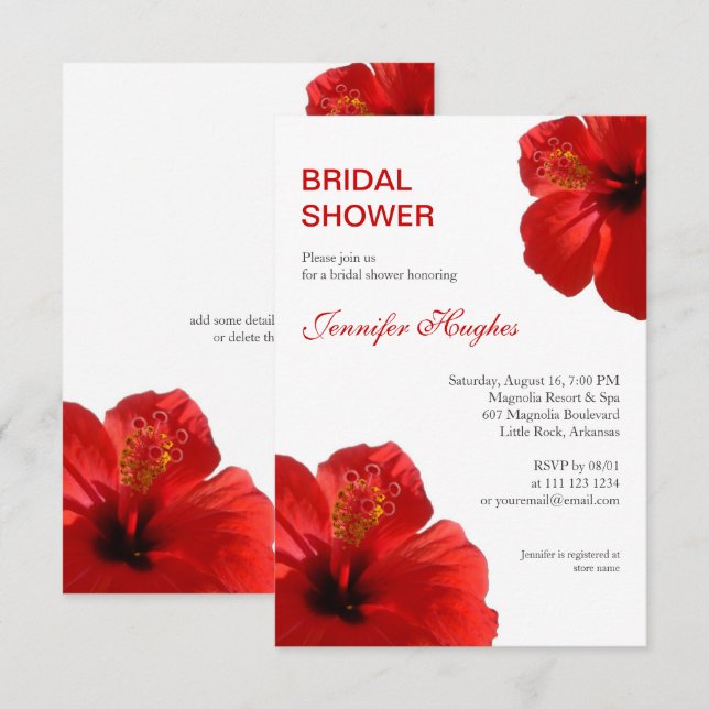 Invitación Floral Red Hibiscus Tropical Brillante (Anverso / Reverso)