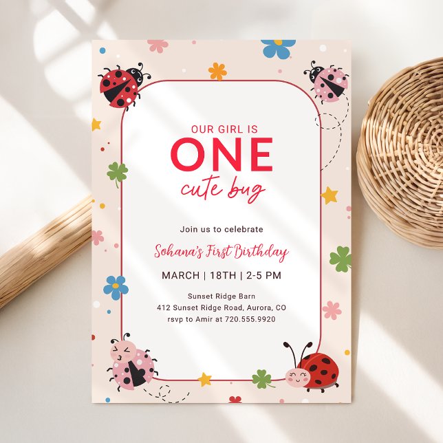 Invitación Floral Red Pink One Cute Bug Ladybug 1st Birthday (Subido por el creador)