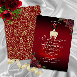 Invitación Floral Red Princess Gold Birday Quinceañera