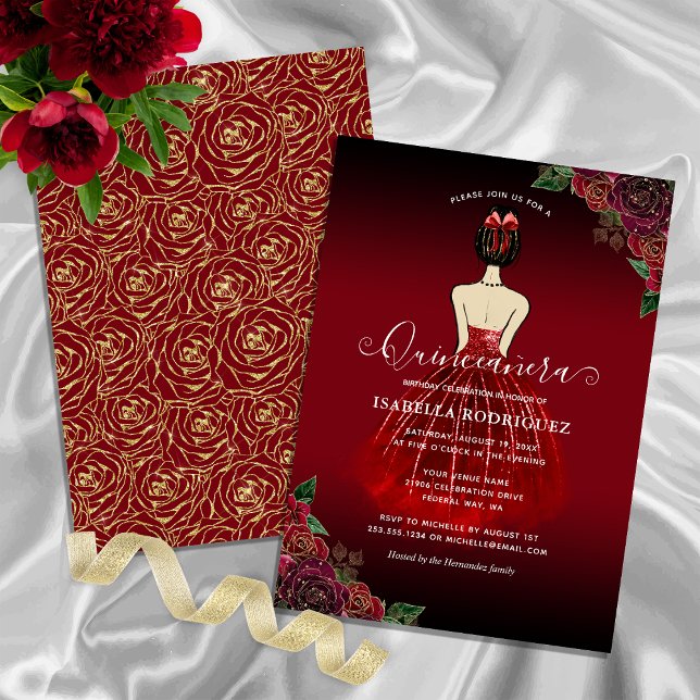 Invitación Floral Red Princess Gold Birday Quinceañera (Floral Red Princess Gold Birthday Quinceañera Invitation)