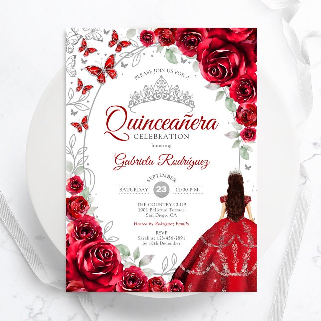 Invitación Floral Red Silver Quinceanera (Subido por el creador)