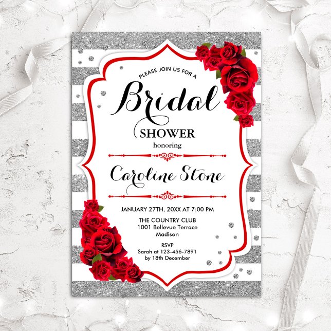 Invitación Floral Red Silver Stripes Bridal Shower (Subido por el creador)