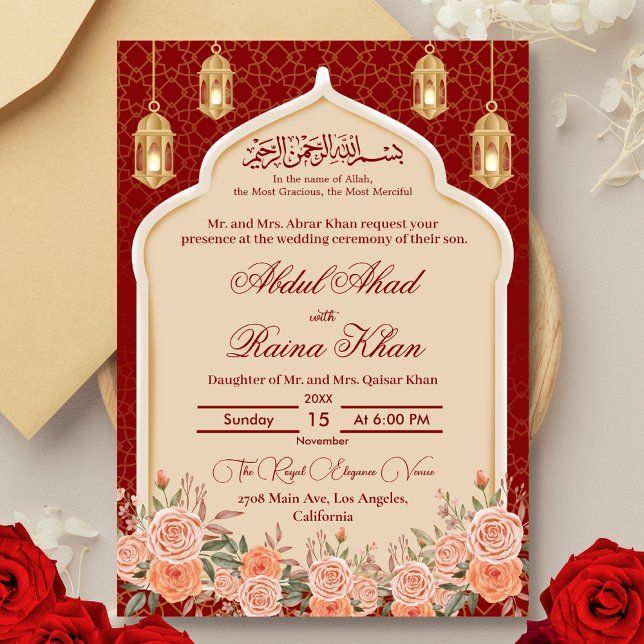 Invitación Floral Red y oro Boda musulmana islámica (Subido por el creador)
