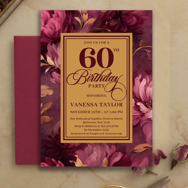 Invitación floral refinada de cumpleaños 60 burgun (Refined 60th Birthday Burgundy Blush Floral Invitation)