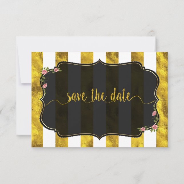 Invitación Floral Relieve metalizado dorado Stripes Wedding G (Anverso)